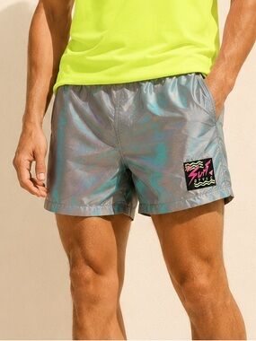 Vintage 90s Iridescent Surf Swim Trunks Neon Patch USA Sz M